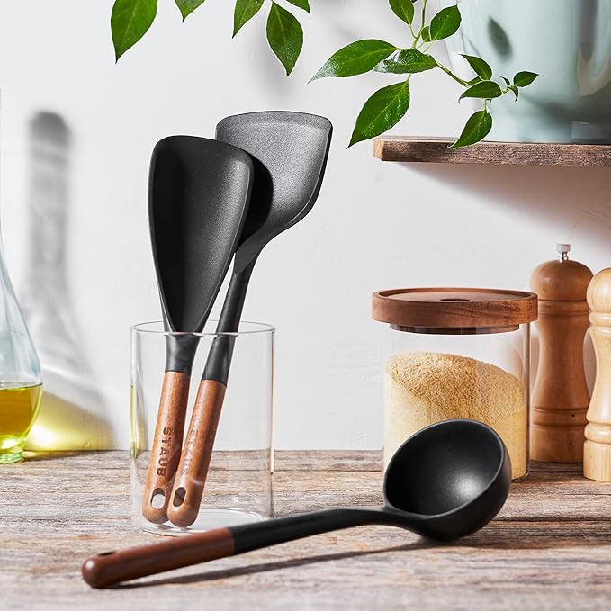 Staub Silicone with Wood Handle Cooking Utensil Set, Matte Black, 3-pc - Image 2
