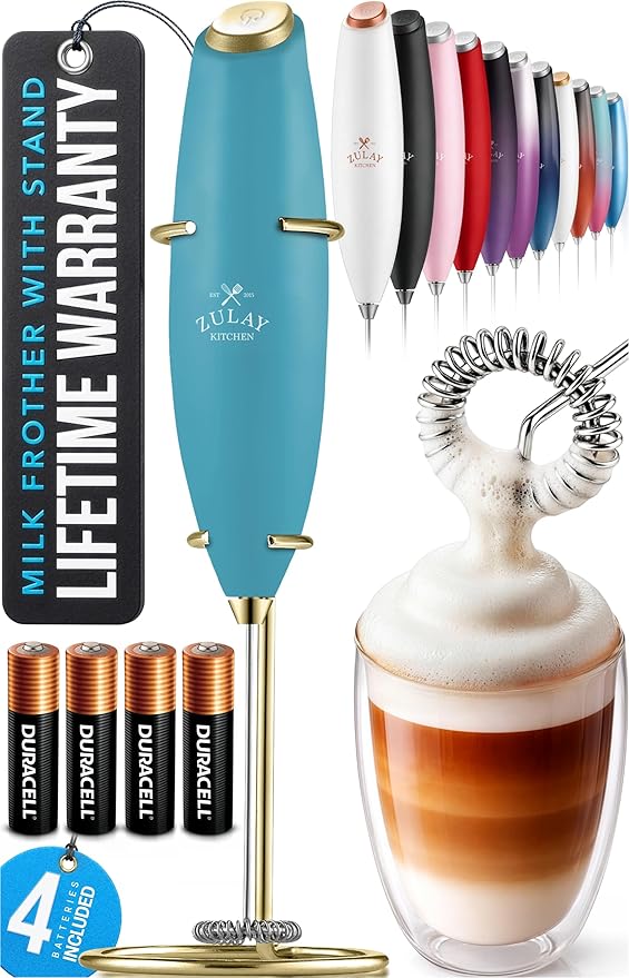 Zulay Kitchen Powerful Milk Frother Wand With 4 AA Duracell Batteries - Ultra Fast Handheld Drink Mixer - Electric Whisk Foam Maker for Coffee, Lattes, Cappuccino, Matcha & Creamer - Lake Gold by ZulayKitchen