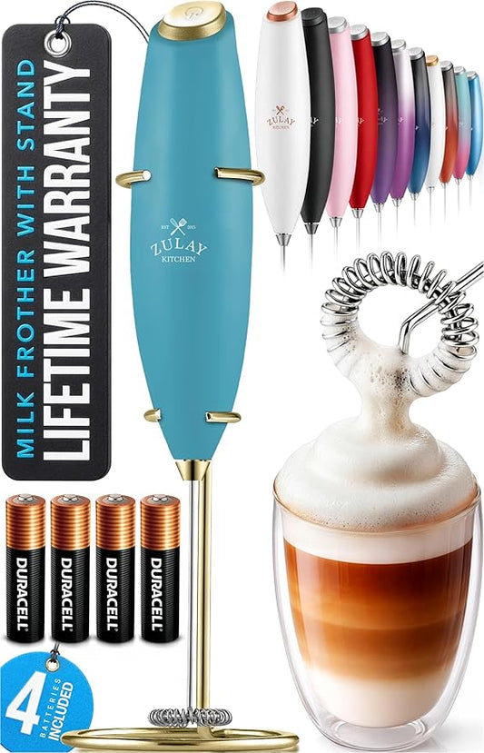 Zulay Kitchen Powerful Milk Frother Wand With 4 AA Duracell Batteries - Ultra Fast Handheld Drink Mixer - Electric Whisk Foam Maker for Coffee, Lattes, Cappuccino, Matcha & Creamer - Lake Gold by ZulayKitchen