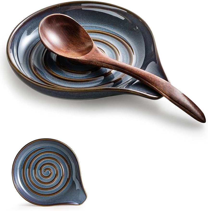 Spoon Holder, Cooking Spoon Rest for Stove Top Utensil Rest for Spoons, Ladles, Tongs, Spatula, Large Spoon Holder with Handle for Easy Grip Framhouse Decor Cute Kitchen Gadget, Gray and Blue