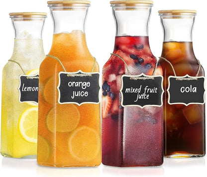 Glass Carafe with Bamboo Lid, Square 35 Oz Beverage Dispensers Carafe, Mimosa Bar Supplies, Clear Glass Pitcher with Name Labels for Iced Tea, Coffee, Juice(Set of 4)