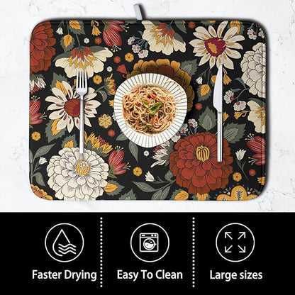 Vintage Floral Dish Drying Mat for Kitchen Counter Retro Sunflower Floral Absorbent Microfiber Dry Dish Mat Reversible Washable Dish Drainer Rack Mat Large 18x24 Inch - Image 4