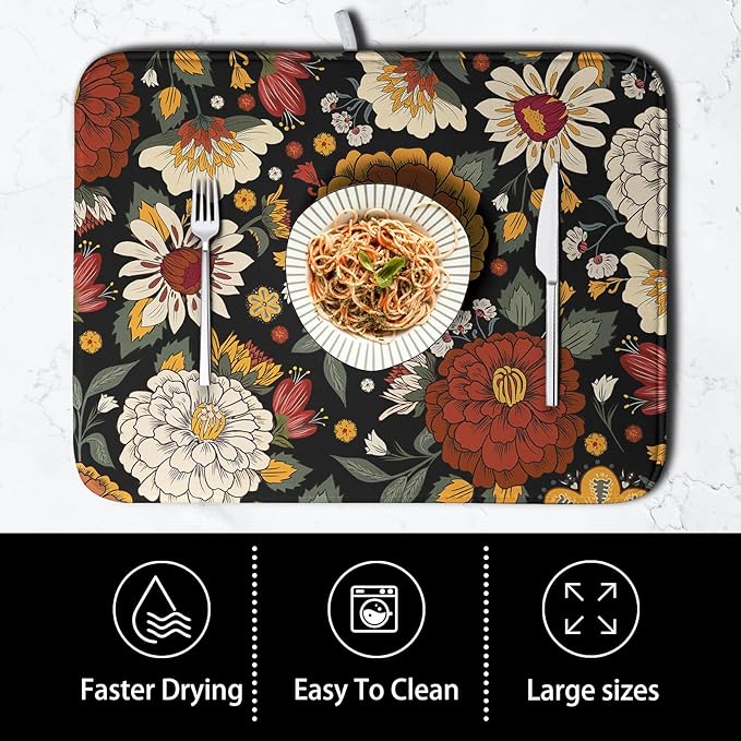 Vintage Floral Dish Drying Mat for Kitchen Counter Retro Sunflower Floral Absorbent Microfiber Dry Dish Mat Reversible Washable Dish Drainer Rack Mat 16x18 Inch - Image 4