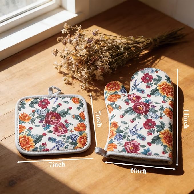 Floral Oven Mitts and Pot Holders Sets 2 Pcs, Canvas Heat Resistant Kitchen Mittens with Hot Pads, Vintage Farmhouse Country Decor, Non-Slip Cooking Baking Grilling Gifts for Women Mom (Flower4)