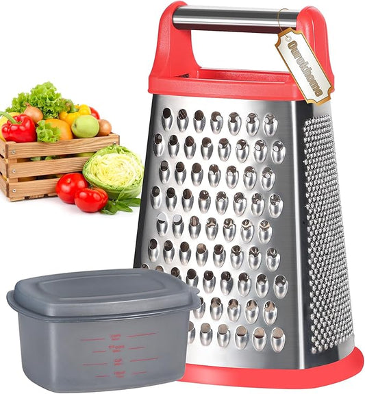 Ourokhome Cheese Grater with Handle, Stainless Steel Box Grater, 4 Side Kitchen Vegetable Shredder Slicer Zester with Container for Parmesan, Cabbage, Ginger, Lemon, Chocolate, Coconut (Red) by Ourokhome