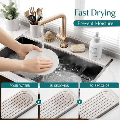 eormoe 30 Inch Faucet Mat for Kitchen Sink - Instant Dry Sink Protector for Countertop, Extra-Long Diatomaceous Earth Stone Sink Tray Around Faucet for Kitchen Bathroom RVs (Light Grey, 30" x 3.9") - Image 3