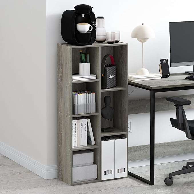 Furinno LUDER Book Shelf, 7-Cube Bookshelf, Bookcase with Open Shelves, 9.4 x 19.5 x 41.7, Easy Assembly, for Living Room, Bedroom, Home Office, French Oak - Image 2