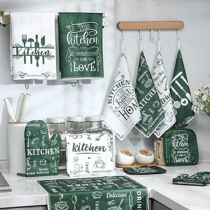 12 Pcs Farmhouse Kitchen Decor and Accessories Sets 4 Green Kitchen Towels 4 Absorbent Dishcloths 2 Pot Holders 2 Oven Mitts Gloves for Home Decorations Mom Gifts