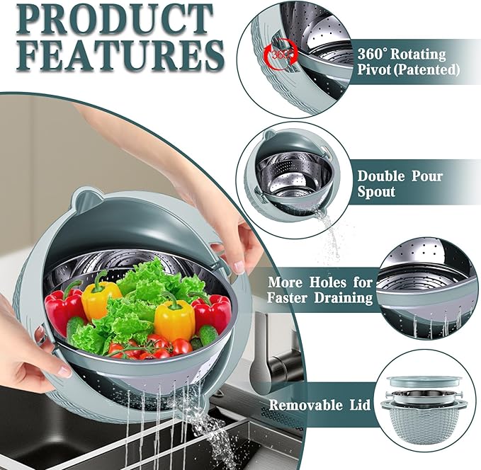 4-1 Colander with Bowl Set - Strainers for Kitchen(Patented), Food Strainers and Colanders, Pasta Strainer with New Upgraded Graters for Fruit, Veggie Washing, Aesthetic Cooking Present - Blue - Image 3
