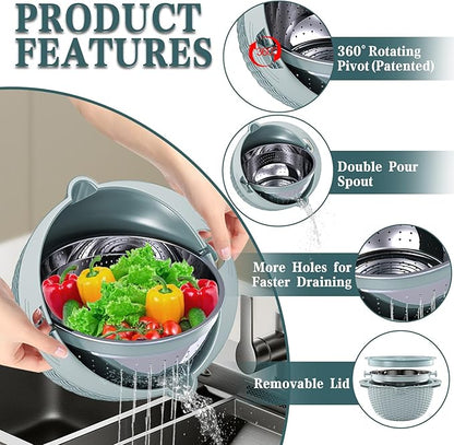 4-1 Colander with Bowl Set - Strainers for Kitchen(Patented), Food Strainers and Colanders, Pasta Strainer with New Upgraded Graters for Fruit, Veggie Washing, Aesthetic Cooking Present - Blue - Image 3