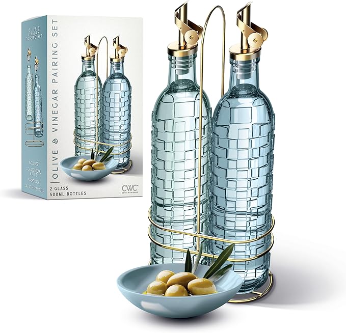 COOK WITH COLOR Glass Olive Oil Bottle Dispenser - 2 Pack- 17oz Oil and Vinegar Cruet - Olive Oil Carafe Decanter for Kitchen, Checkered, Blue by CookwithColor