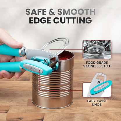 Zulay Kitchen Heavy Duty Stainless Steel Can Opener Manual with Bottle Opener - Rust Proof Manual Can Opener With Turn Knob & Comfy Soft Grip Handles - Turquoise - Image 4