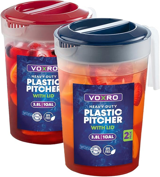 2-Pack 1-Gallon Plastic Pitchers with Lids – Iced Tea Pitchers with Twist Cover BPA-Free, Dishwasher & Freezer Safe, Ideal for Water, Juice & Fridge Storage by Unknown