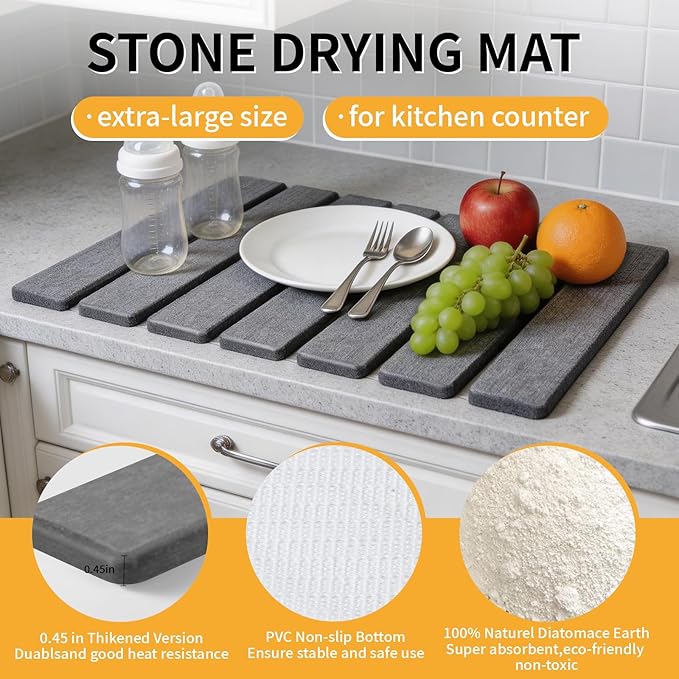 Stone Dish Drying Mat for Kitchen Counter, 16''×12'' Quick Dry Stone Dishes Mats Foldable Foldable Water Absorbing Diatomaceous Earth Drying Organizer Pad for Dishes Utensils Bottles(Dark Gray) - Image 3
