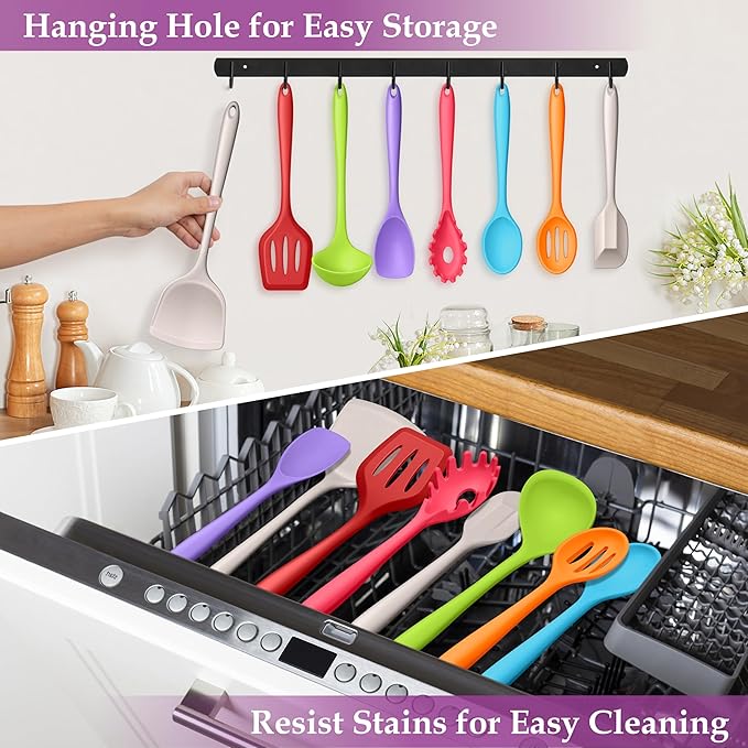 LIANYU 8Pcs Kitchen Cooking Utensils Set, Silicone Utensils Spatula Set, Heat Resistant Cooking Gadgets for Nonstick Cookware, Include Silicone Spoon, Turner, Spatula, Ladle, Multi-Color - Image 7
