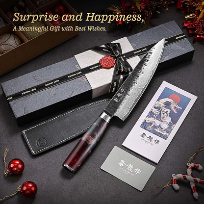 Japanese Chef Knife, 8 Inch VG10 Damascus Kitchen Knife, Professional Black Forged Kitchen Knives with Red Ergonomic Handle, Leather Sheath & Luxury Gift box, Perfect Birthday Gifts for Women Mom