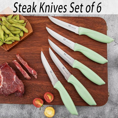 Green Knife Set, 15 Pcs Kitchen Knife Set with Block,High Carbon German Stainless Steel Knife Block Set, Hand wash Safe Knives Set