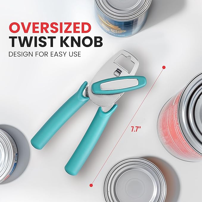 Zulay Kitchen Heavy Duty Stainless Steel Manual Can Opener – Ergonomic Soft Grip Handles, Smooth Edge Cutting Wheel & Large Built In Bottle Opener – Easy Turn Knob for Effortless Use - Aqua - Image 2