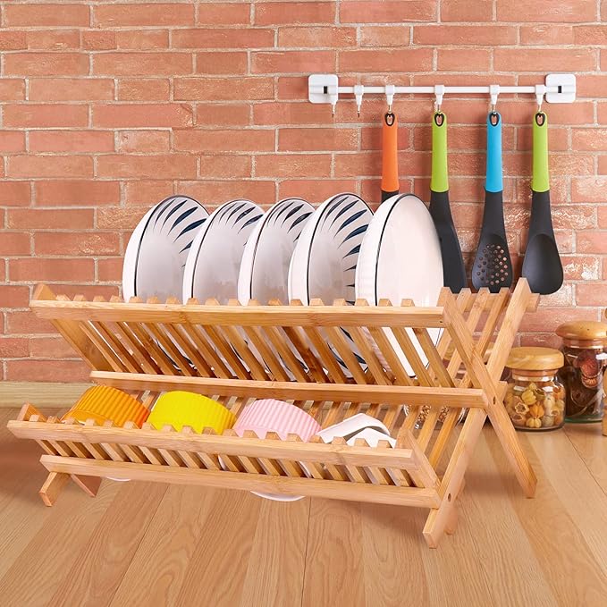 Collapsible Bamboo Dish Drying Rack - 2 Tier Space Saving Kitchen Counter Organizer, Holds 19 Plates, Bowls & Utensils (17.8"x10.23"x9.25")