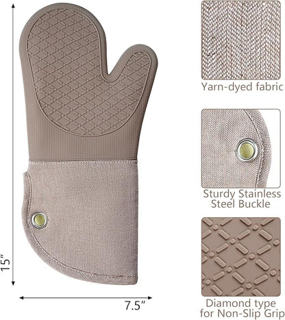 Professional Microwave Silicone Oven Mitts one Pair, Kitchen Mitten Set for Heat Resistant with 500 Degrees, Kitchen Gloves Pot Holder for BBQ Cooking Baking (Khaki)