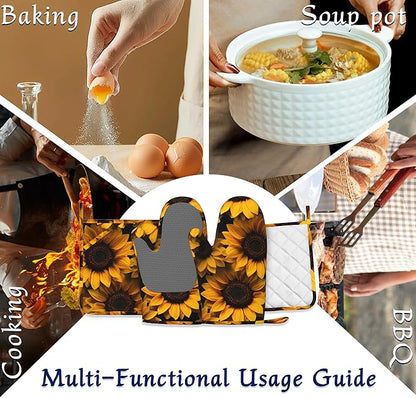Spring Sunflowers Oven Mitts and Pot Holders Sets of 4 Yellow Flowers Heat Resistant Silicone Oven Mits Gloves Non-Slip Kitchen Mittens Potholders for Cooking Baking Grilling BBQ