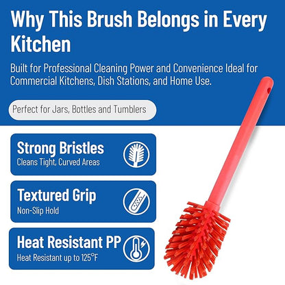 SPARTA Large Water Bottle Brush Ideal for Wide-Mouth Jars, Bottles and Tumblers, Dishwashing Tool with Handle for Home and Commercial Kitchens, Plastic, 12 Inches, Red, (Pack of 6)