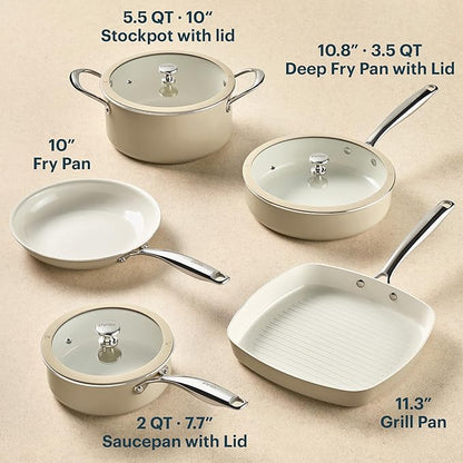 Pyrex 8-Piece Ceramic Cookware Set, Pots and Pans with Lids & Stainless Steel Handles, Healthy Nonstick Ceramic Coating, Induction Compatible Stainless Steel, PFAS Lead Cadmium BPA Free