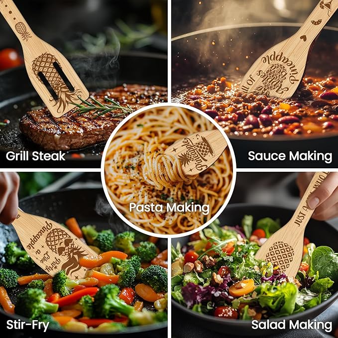 CUTHOLLOW 6PCS Happy as a Pineapple Wooden Kitchen Cooking Utensil Set, 11.9in Non Toxic Bamboo Wood Spoon Set for Cooking, Best Housewarming Birthday Thanksgiving Christmas Gift for Women Mother