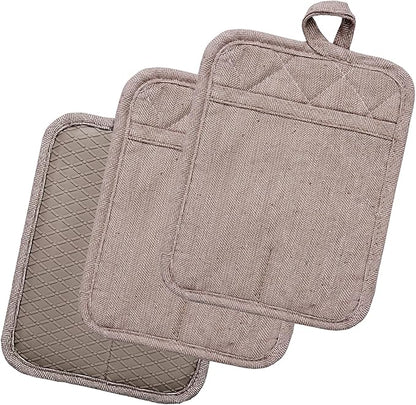 Pot Holders Yarn-Dyed Set of 3 Non Slip Silicone Kitchen Lines Heat Resistant 500℉ Kitchen Gloves BBQ Cooking Baking Cooking Barbecue Microwave Machine Washable (Khaki Pot Holders)