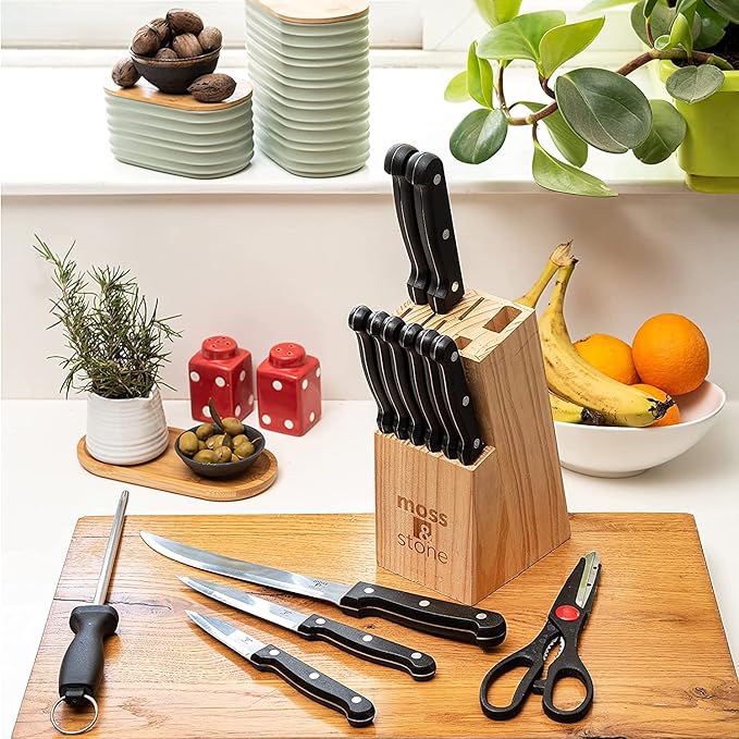 Moss & Stone 14 Pcs Knife Block Set Stainless Steel, Premium Forged Kitchen Knives Set with High-Carbon Blades, Ergonomic Handle, Sharp Blade, Rust Resistant, Modern Style for Home & Chef, Black - Image 8