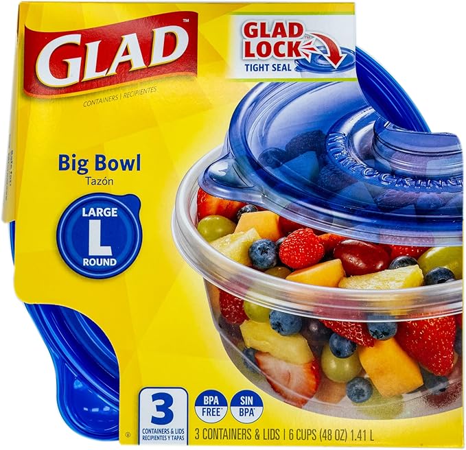 Glad GladWare Big Bowl Food Storage Containers with Lids, Large Round BPA Free Plastic Containers for Soups, Salads, and Meal Prep, Lock Tight Seal, Microwave Dishwasher Safe, 48 Oz, 3 Count - 6 Pack - Image 3