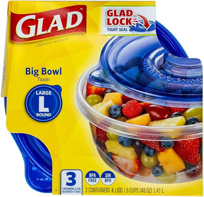 Glad GladWare Big Bowl Food Storage Containers with Lids, Large Round BPA Free Plastic Containers for Soups, Salads, and Meal Prep, Lock Tight Seal, Microwave Dishwasher Safe, 48 Oz, 3 Count - 6 Pack - Image 3
