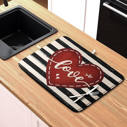 Valentine's Day Dish Drying Mat for Kitchen Counter 16x18 Black White Stripes Red Love Heart Dishes Drainer Mats Absorbent Dish Pad Large Dish Draining Mat for Coffee Bar - Image 6