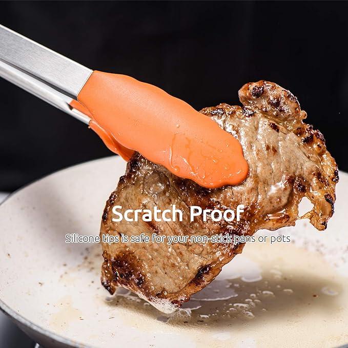 Kitchen Tongs, U-Taste 7/9/12 inches Cooking Tongs, with 600ºF High Heat-Resistant Non-Stick Silicone Tips, 18/8 Stainless Steel Handle, for Food Grill, Salad, BBQ, Frying, Serving, Pack of 3(Orange) - Image 7