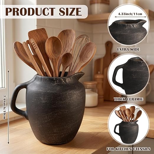 Potchen Rustic Kitchen Utensil Holder with Handle,7.48" H Ceramic Vintage Utensil Crock for Countertop, Farmhouse Kitchen Decoration Ceramic Pot for Spatulas Spoons Tongs(Novelty,Antique Black Gold) - Image 3