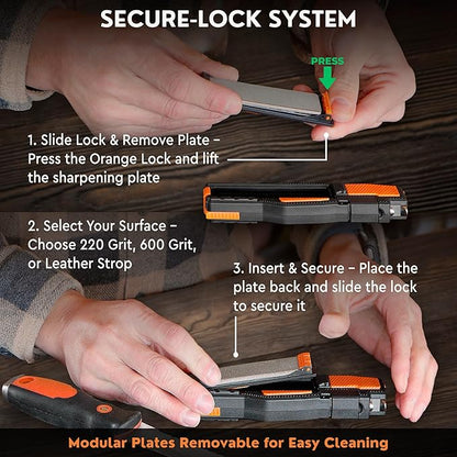 Orange Ninja Pocket Field Knife Sharpener – 8-in-1 Camping & Hunting EDC Knife Sharpener with Guided Diamond Whetstones, Leather Strop, Fire Starter & Diamond Rod