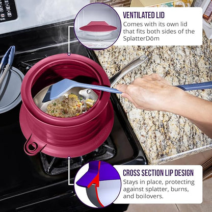 L.I.Q Silicone Splatter Guard – Fits 8 and 10 Inch Pots (20 and 25 Centimeters) – Microwave Safe and Durable SplatterDom - Includes 8” Lid - Food and Oil Splash Guard (Bordeaux, Small)