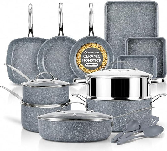 Granitestone Ceraluxe 20 Pc Ceramic Cookware Set Nonstick, Complete Pots and Pans Set Non Stick for Kitchen with Bakeware, Utensils & Steamer, Non Toxic Made Without PFOA PFOS, Oven & Dishwasher Safe