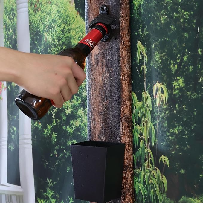 Satin Black Cast Iron Bottle Opener Wall Mounted with Bottle Cap Catcher Narrow - Image 3