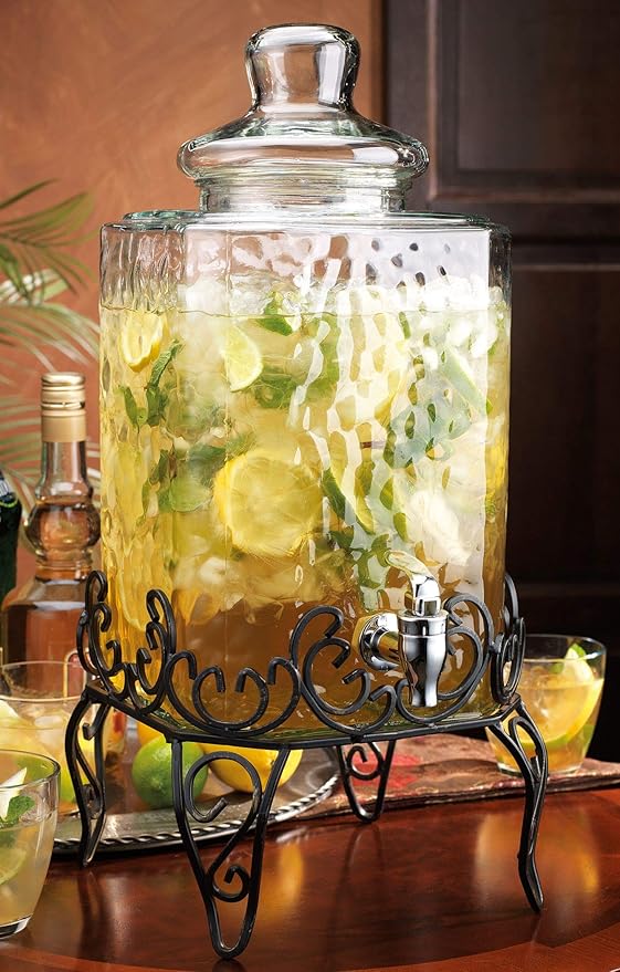 MosJos 2.5 Gallon Classic Hammered Glass Beverage Dispenser with Elegant Stand - Glass Drink Dispenser with 100% Leak Proof Spigot, Party Drink Dispensers for Lemonade, Punch, Water, Juice - Image 3
