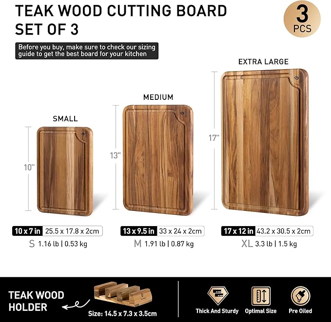 3 Pack Teak Wood Cutting Board Set for Kitchen Charcuterie Board Serving Heavy Duty Non Toxic Slip Over Sink Solid Thick Haus Wooden Chopping Board Large Big Small Meat Best Kitchen Essential Gift - Image 3