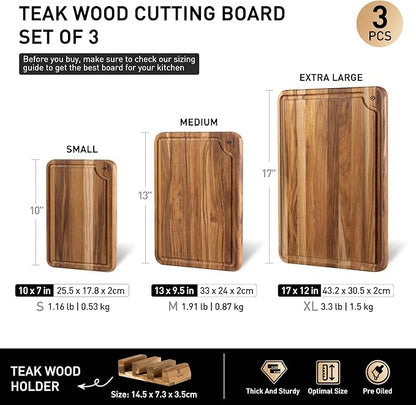 3 Pack Teak Wood Cutting Board Set for Kitchen Charcuterie Board Serving Heavy Duty Non Toxic Slip Over Sink Solid Thick Haus Wooden Chopping Board Large Big Small Meat Best Kitchen Essential Gift - Image 3