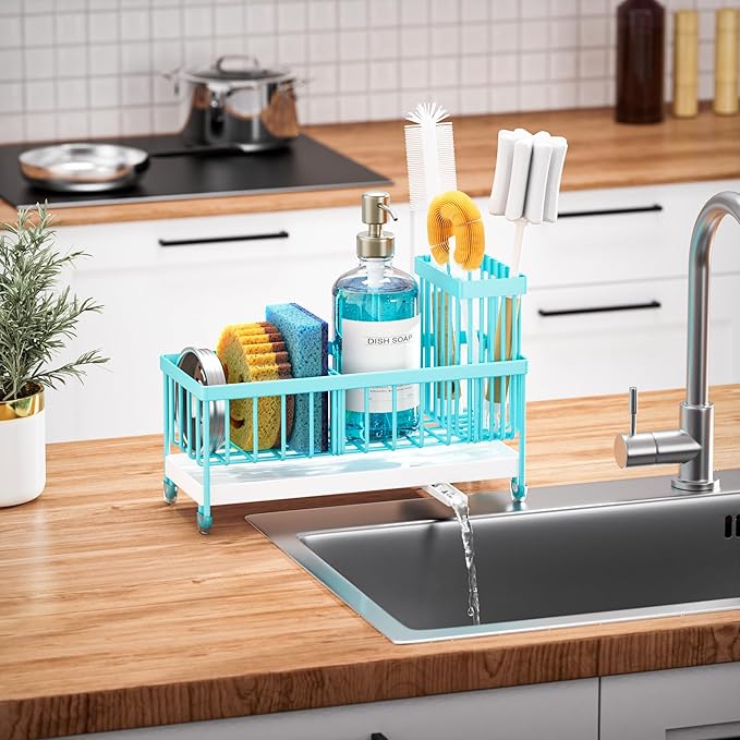 Cisily Sponge Holder for Kitchen Sink, Sink Caddy Organizer with High Brush Holder, Kitchen Countertop Organizers and Storage Essentials, 304 Stainless Steel, Teal Kitchen Decor (Turquoise, 9.25″) - Image 6