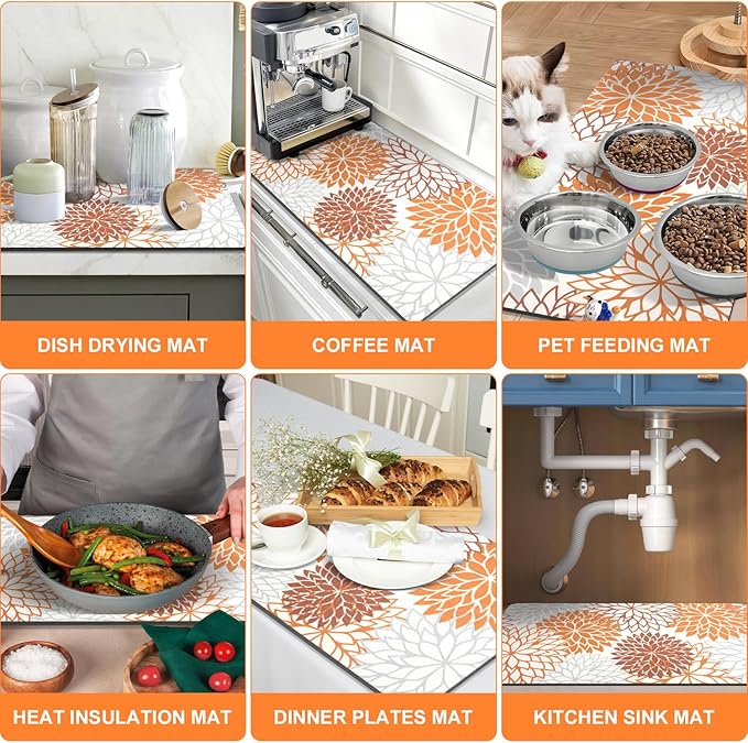 Findosom 2PCS 12" x 20" Fall Dish Drying Mat & 24" x 5.5" Sink Splash Guard, Super Absorbent & Cuttable Dish Mat Drying Kitchen Mat with Orange Floral, Hide Stain Drying Mat for Kitchen Counter - Image 6