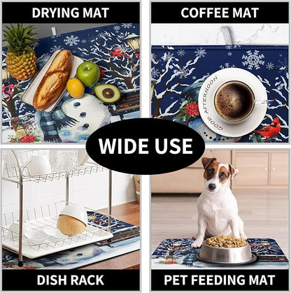 Winter Snowman Dish Drying Mat for Kitchen Counter 18x24, Xmas Snowflakes Dish Drainer Mat Snowy Night Drying Kitchen Mats Cardinal Birld Dish Pad Absorbent Reversible Coffee Mats for Dishes - Image 7