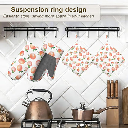 Watercolor Peaches Oven Mitts and Pot Holders Sets,Silicone Kitchen Mitts Potholders Heat Resistant 4Pcs Oven Gloves Hot Pads for Kitchen Baking Cooking