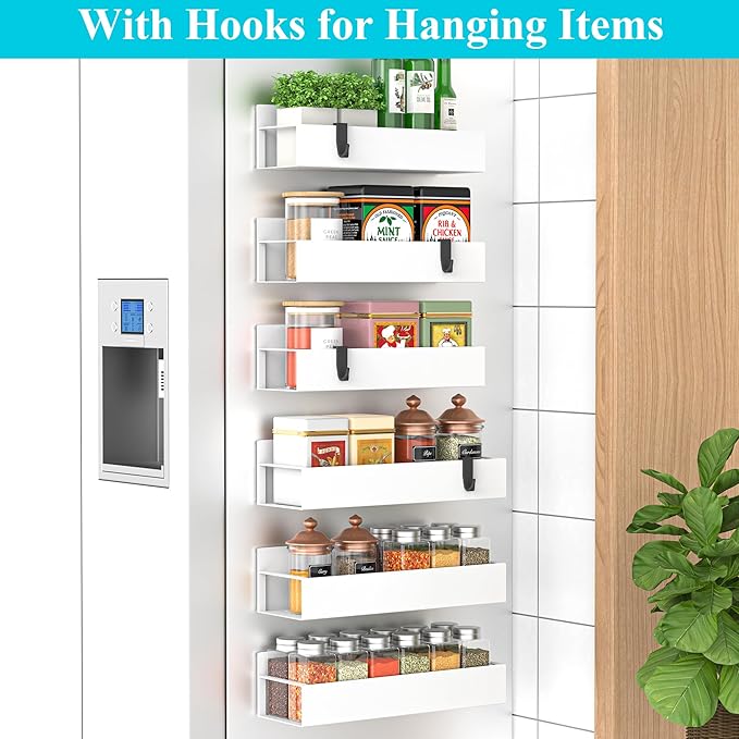 HuggieGems 6 Pack Magnetic Spice Storage Rack Organizer for Refrigerator and Oven, White Fridge Organizers and Storage - Image 2