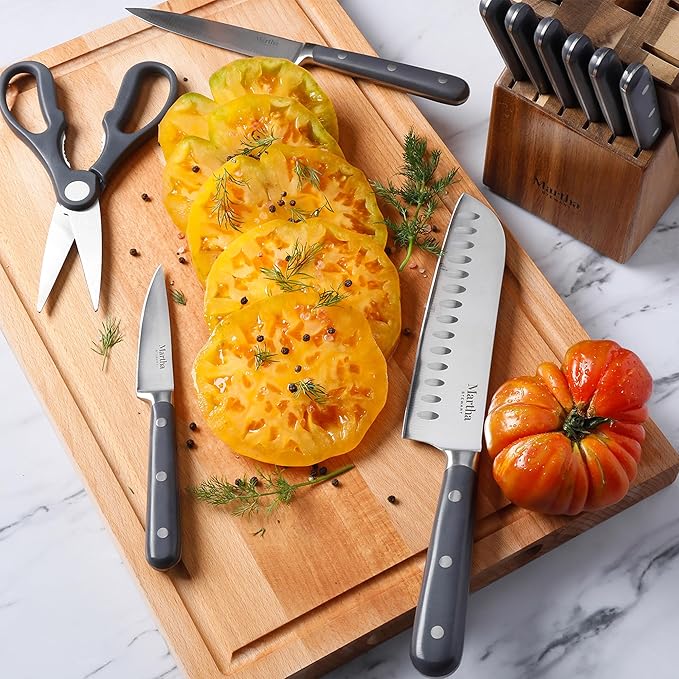 MARTHA STEWART Eastwalk 14 Piece High Carbon Stainless Steel Cutlery Knife Block Set w/ABS Triple Riveted Forged Handle Acacia Wood Block - Gray - Image 6