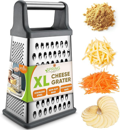 Spring Chef Professional Cheese Grater - Stainless Steel Box Grater for Kitchen, XL Size, 4 Sides - Perfect Shredder for Parmesan Cheese, Carrot, Potato, Ginger - Dishwasher Safe - Gray by SpringChef