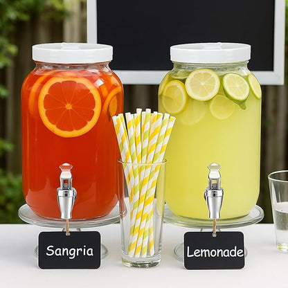 1 Gallon Large Glass Drink Dispensers for Parties, Glass Iced Beverage Dispensers with Spigot, Reusable Water Dispenser Countertop (2 Pack)